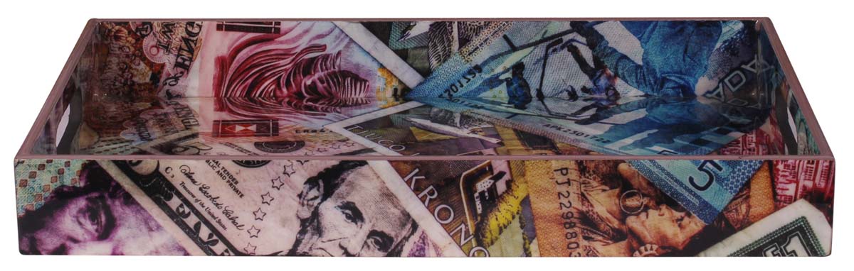 Buy in Bulk Wholesale Serving Tray in MDF - 12” Hand-Crafted Multicolored - Decorative Tray with Enamelled Currency Art - Classic Serve-Ware/Decor/Gifts from India